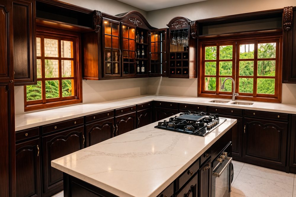 Cocina amplia con muebles de madera, isla central y salida al jardín