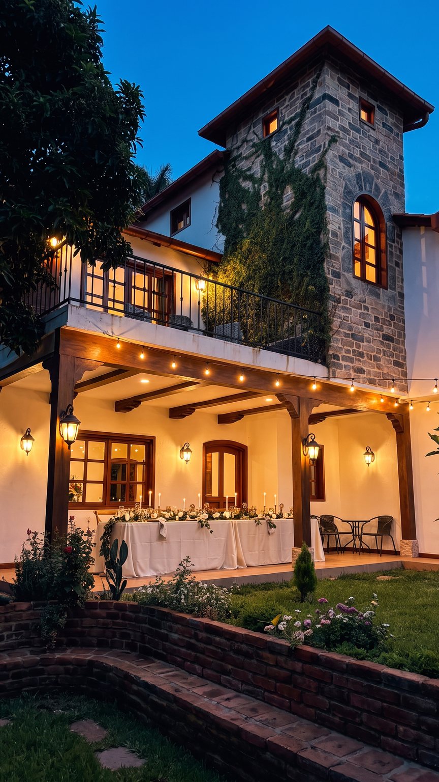 Terraza de la villa preparada para una cena, con mesa larga bajo las vigas